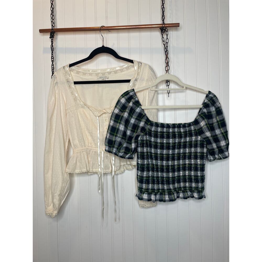 NWT American Eagle Coquette Babydoll Top & Plaid Smocked Top Bundle Size S